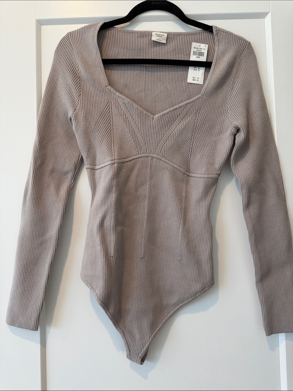 Abercrombie & Fitch Ribbed Long Sleeve Bodysuit - Taupe Gray